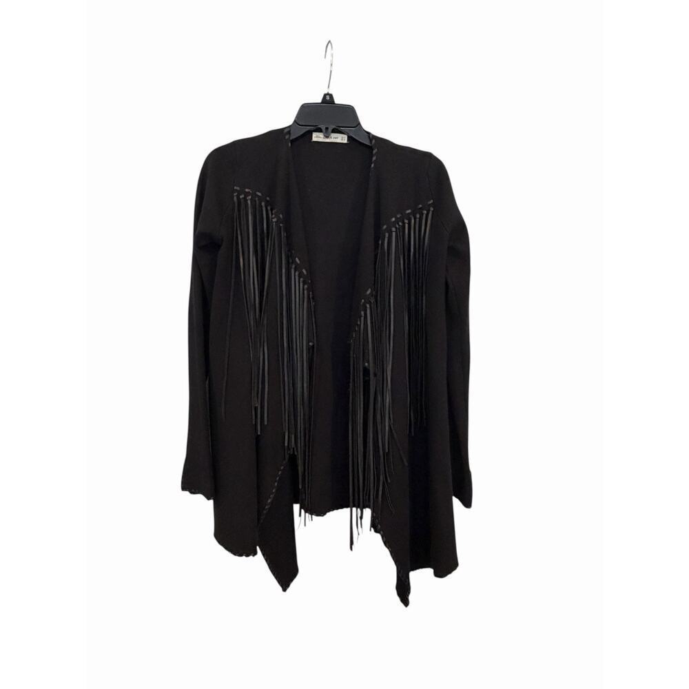 Zara Black Fringe Knit Jacket Cardigan Women’s M Faux Leather Western Midwest